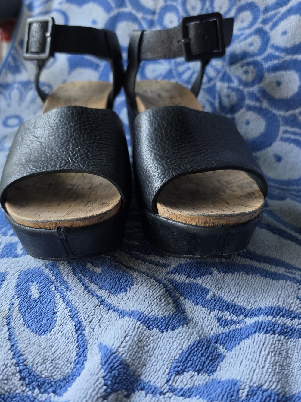 Women's Black Cork Wedge Sandals - Classic Open-Toe - Picture 4 of 8